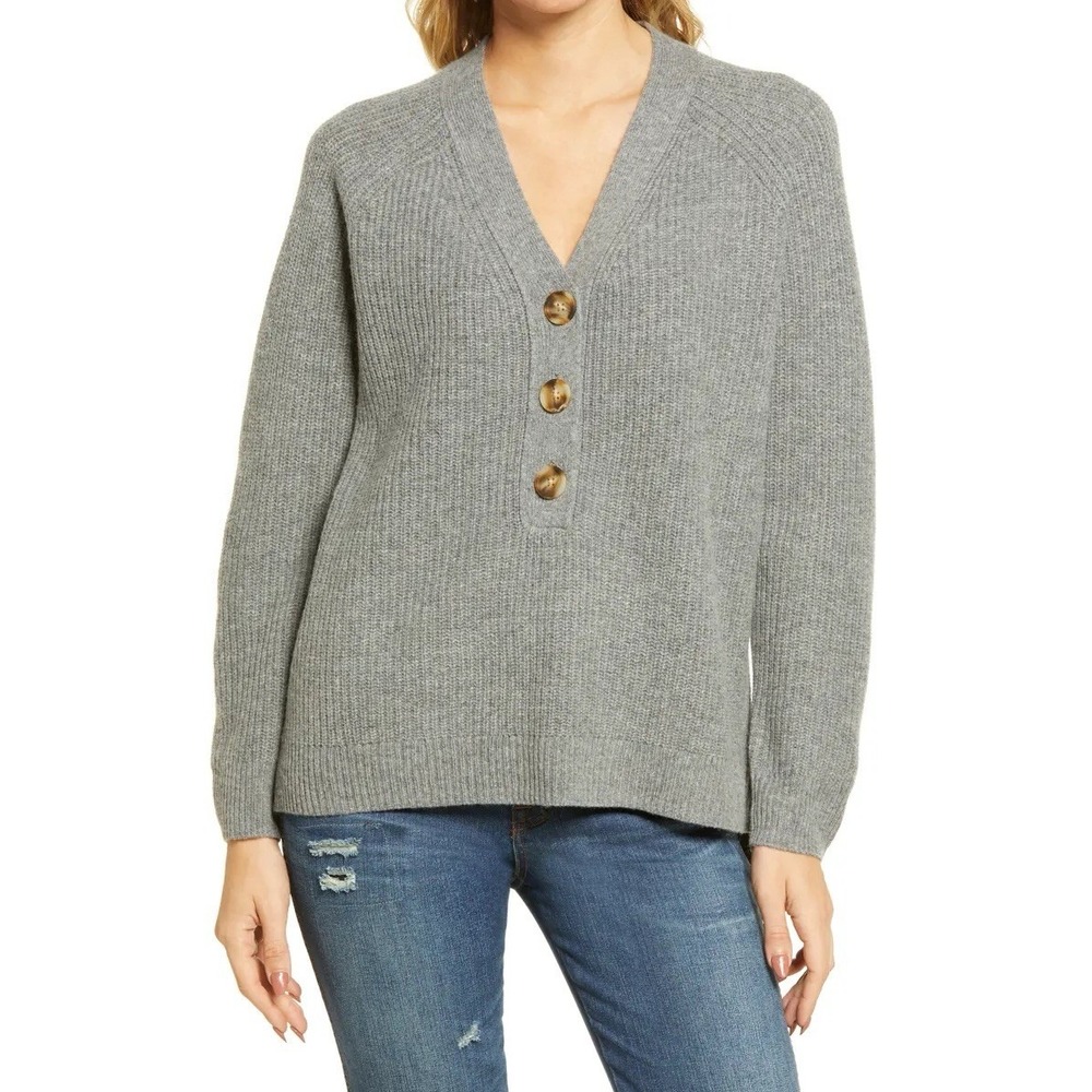 Madewell Women's Ribbed Lyle‎ Henley Sweater Sz M Merino Wool Blend Gray Preppy